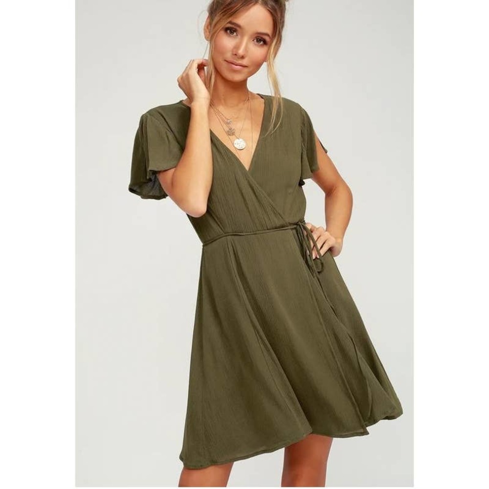 Lulus Harbor Point True Wrap Mini Dress Olive Green NWT Womens Small